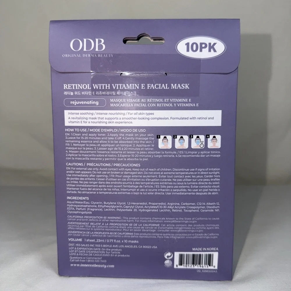 Original Derma Beauty Retinol Facial Sheet Mask 10 Pack Vitamin E Rejuvenating